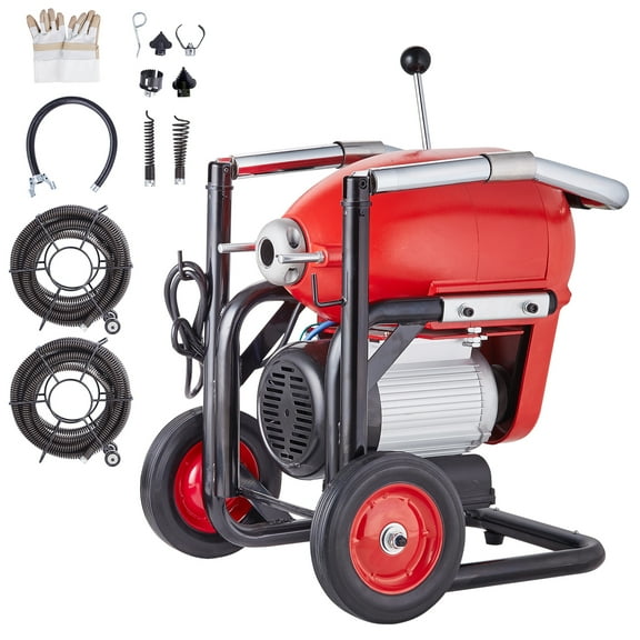 KFFKFF Drain Cleaning Machine, 120FT x 6/5 Inch, 1100W, Manual Operation - Includes 2 Steel Cables, 6 Blades, and Dual-Direction Control for Pipes 4"-8"