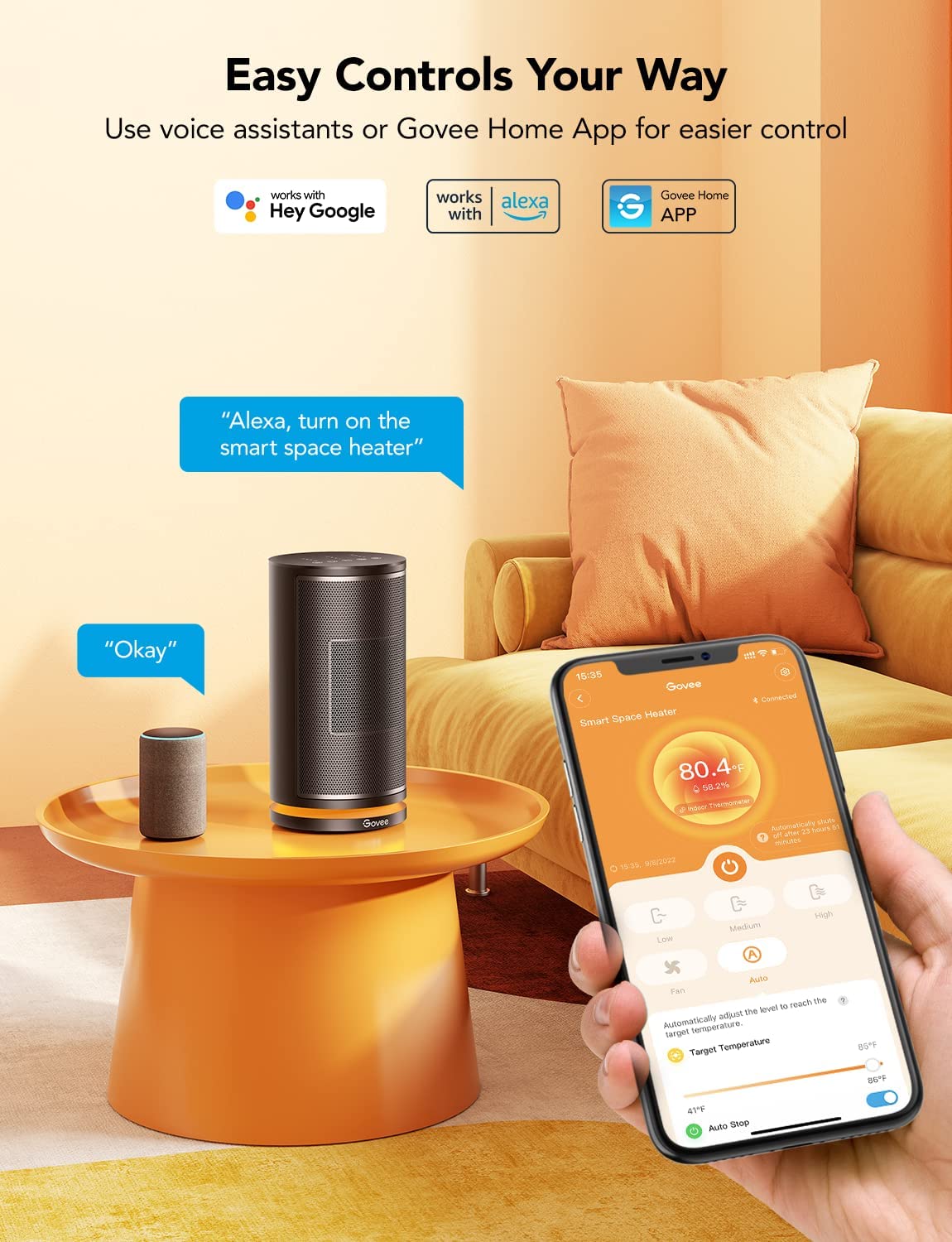 Govee Smart Space Heater, 1500W Fast Heating WiFi Small Heater with  Thermostat, Quiet Portable Electric Ceramic Heater with RGB Night Light for  Office, Living Room, Indoors, App u0026 Voice Control - Walmart.com