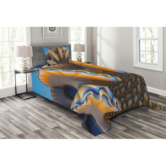 Ambesonne Nautical Quilted Bedspread Set 2 Pcs, Shells in Sea Ocean, Twin Size, Blue and Apricot