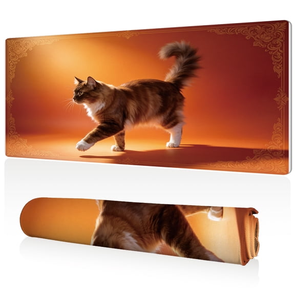 LIVEKEY Mouse Pad 80x40x0.3cm Walking Cat on Warm Gradient Background Full Desk Coverage Non Slip Durable Easy Clean Stitched Edges for Gaming and Office