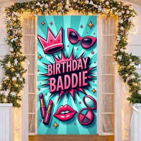 Pink Tone Birthday Baddie Banner Glossy Lips Baddie Birthday Backdrop Crown Design Sparkly Accents Glam Birthday Banner for Girls' Birthday Party Teen Birthday Celebration Birthday Photo Shoot