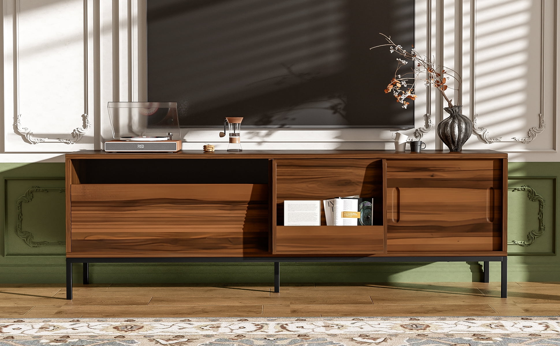 Euroco 70.8'' Modern TV Stand for TVs up to 75 Inches, Entertainment Center with Storage Space, Sliding Doors, Adjustable Shelves and Metal Frame, Mid Century Modern Media TV Console Table