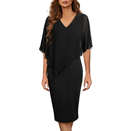 Wedding Guest Dresses for Women Cocktail Solid Capelet Sleeve V Neck