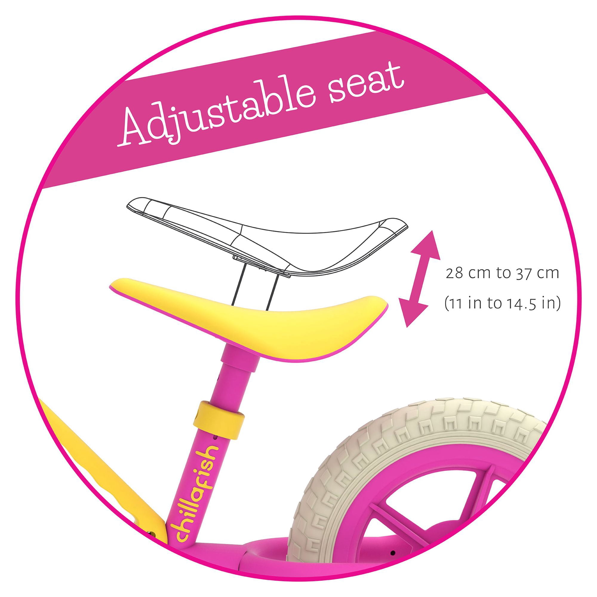 Chillafish Charlie lightweight toddler balance bike with carry handle, adjustable seat and handlebar, puncture-proof 10-inch wheels, for kids 18-48 months, pink