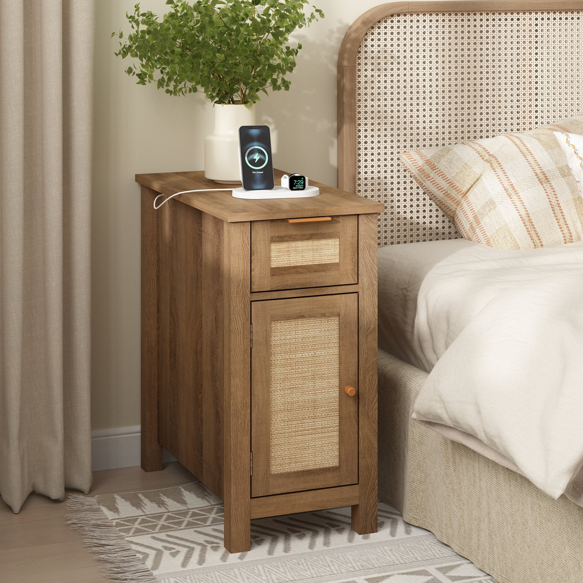 Narrow End Table with Charging Station, Small Side Table with Storage, Rattan Nightstands for Living Room Bedroom
