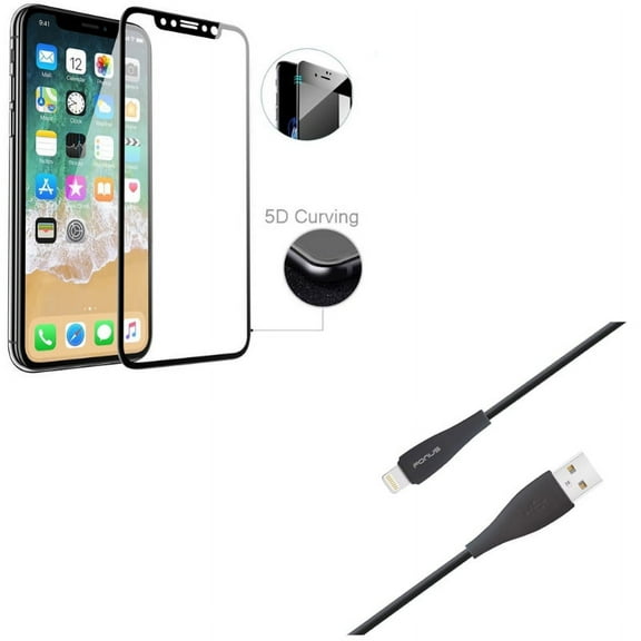 iPhone XS/X - Tempered Glass Screen Protector w Charger Cord 10ft USB Cable - 5D Touch Curved Edge Full Cover Bubble Free Case Friendly 9H Hardness, Power Wire Long Sync Fast Charge Data