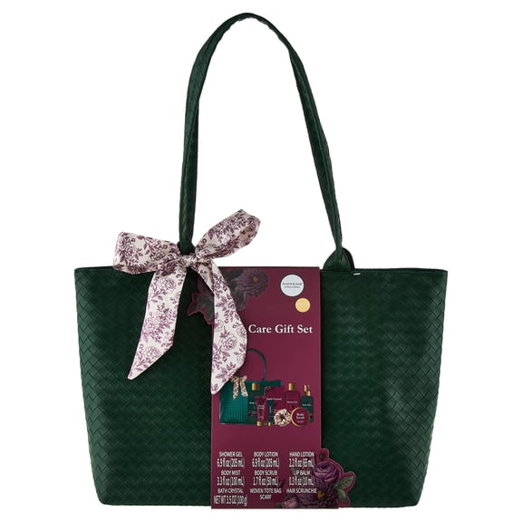 Bath Care Gift Set with Woven Tote Bag, Ambery Saffron Scent, 10 Pieces