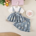 thumbnail image 1 of Conjuntos de blusas y camisas de cuello redondo y manga corta para niños, pantalones cortos de manga larga con tiras en las axilas, conjunto de boina de 3 piezas, pantalones cortos con cuentas de flor, 1 of 9