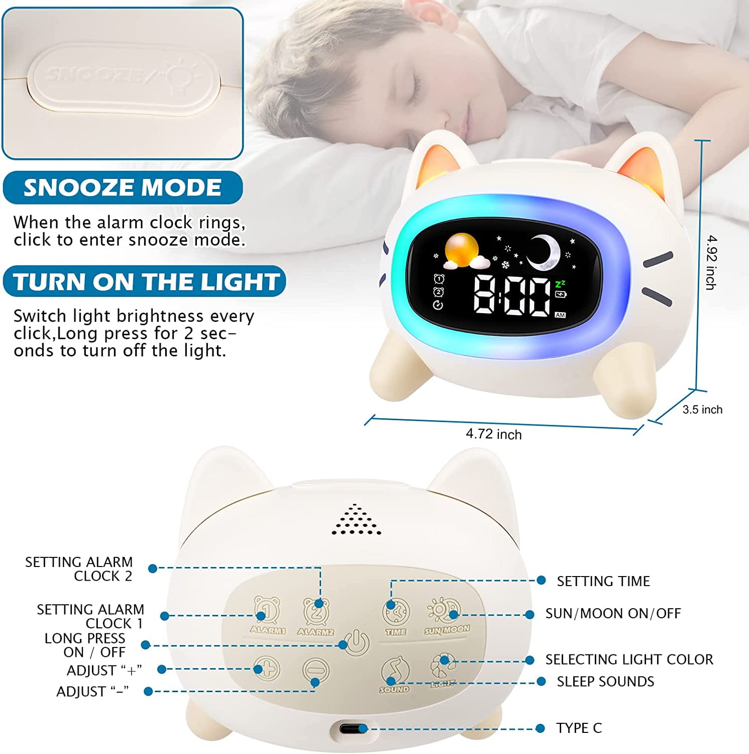 Hansang Kids Alarm Clock,Ok to Wake Clock with Sleep Training, Night Light,Beige Digital Clock