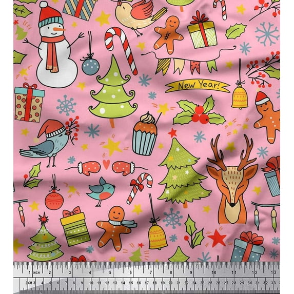 Soimoi Velvet Fabric Gift Box,Snowman & Tree Christmas Fabric Prints By Yard 58 Inch Wide