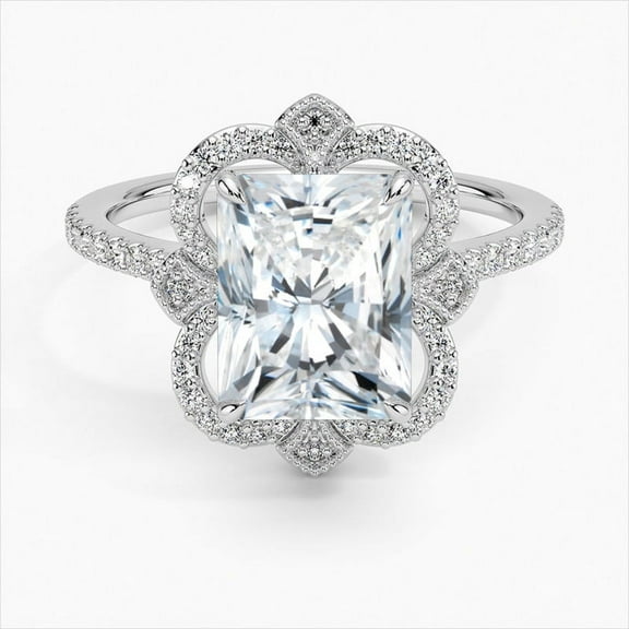 Dash Jewelry Radiant Cut Excellent 2.1 Ct Moissanite Ring For Women's - 14K White Gold Plated Moissanite Ring - Halo Moissanite Rings for Her - Eternity Band Moissanite Rings for Women's