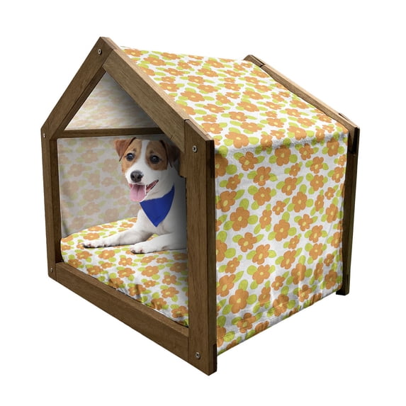 Orange Pet House, Theme Girlish Pattern with Doodle Flowers and Green Leaves, Outdoor & Indoor Portable Dog Kennel with Pillow and Cover, 5 Sizes, Apple Green Orange, by Ambesonne