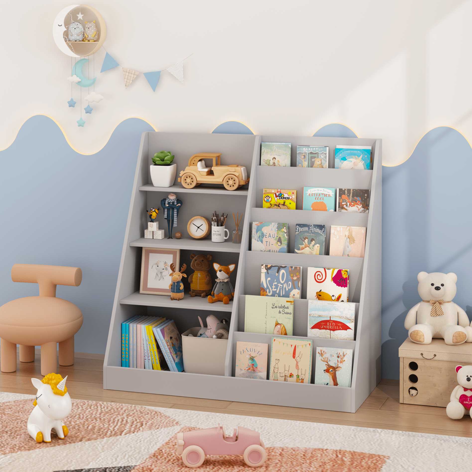 Kids Furniture Kids Bookshelf and Toy Storage Organizer, Multifunctional 4 Tier Wooden Kids Book Shelf with Bookcase Display Stand in Kids Room Playroom Nursery for Kids, Children, Toddlers (Gray),Ba