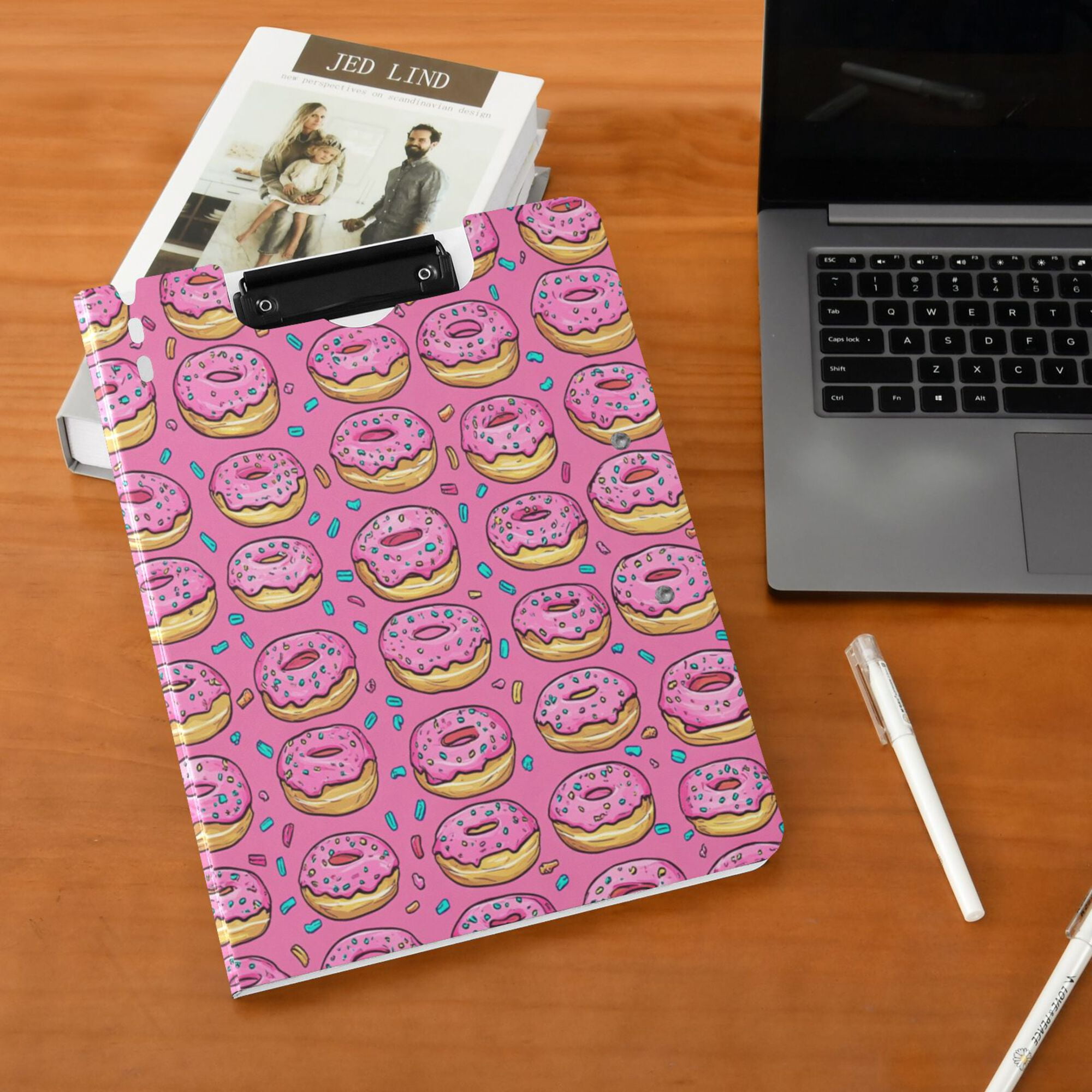 FORMRS A4 Clipboard Folder with Pen Holder Horizontal Foldable School Office Binder, Pink Doughnuts
