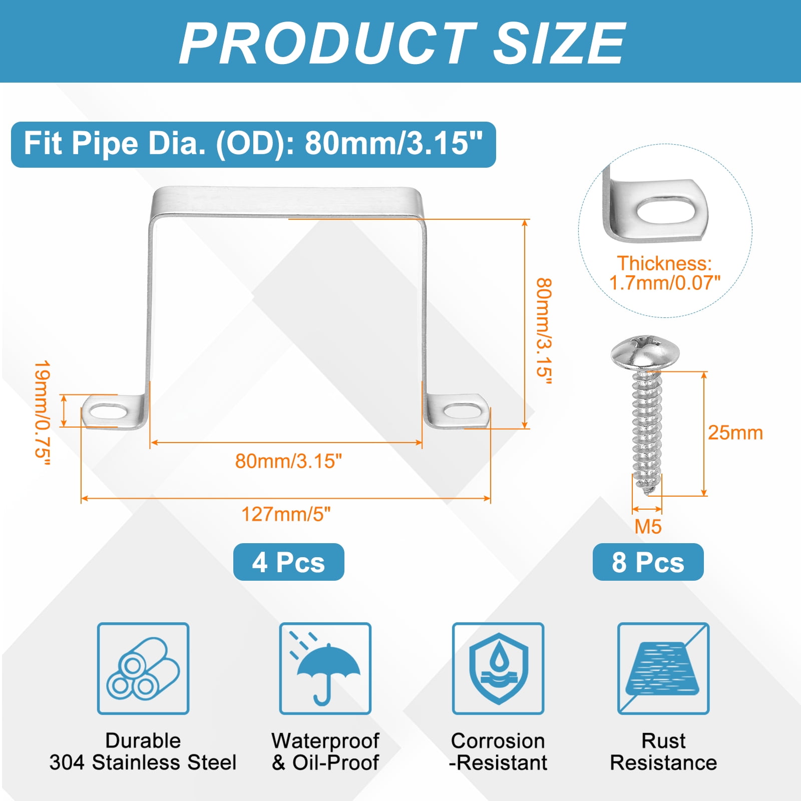 Uxcell 4pcs 3-1/8" x 3-1/8" Square Pipe Clamp, 304 Stainless Steel U Shaped Connector Bracket Heavy Duty Tube Strap Buckle with Self-Tapping Screws for Tube Installation