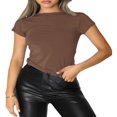 thumbnail image 1 of EIMELI Femmes Manches Courtes Slim Fitd Crop Top Casual Base Solid Pulls Tee Shirts Femme Streetwear Base Tees Tops Marron S, 1 of 6