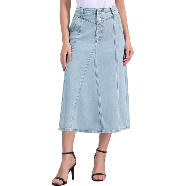 Falda midi de mezclilla desgastada de cintura alta para mujer INSPIRE CHIC con bolsillos XL azul claro
