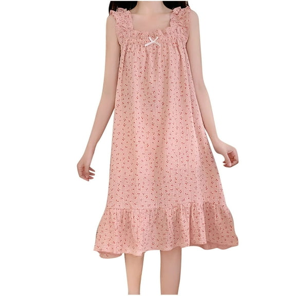 Kaemgyyd Nightgowns for Women Cute Print Sleeveless Square Collar Flowy House Dress Cozy Bow Ruffle Hem Long Nightdress