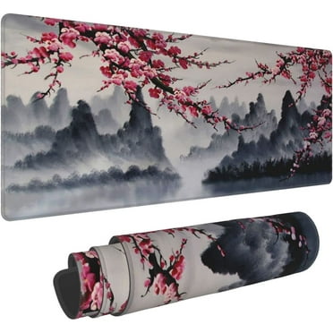 Japanese Sakura Watercolor Painting Extended Mouse Pad 31.5x11.8 Inch XL Cherry Blossom Flower Non-Slip Rubber Base Large Mousepad Stitched Edges Keyboard Mouse Mat Desk Pad for Office Home Game