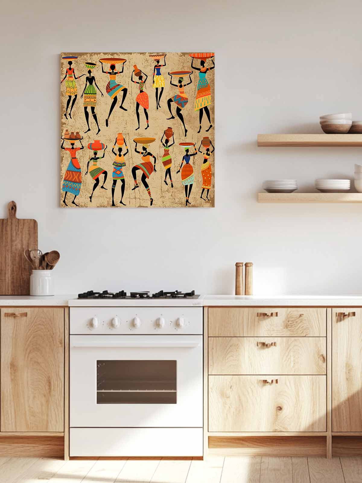 Black African Women Canvas Wall Art, Vintage Abstract Ethnic Style Bohemian Linen Texture Framed Wall Decor Modern Artwork Prints Painting for Living Room, Bedroom, Kitchen & Cafe Decor 16x16 Inch