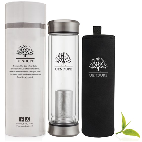 UEndure 14oz Double Walled Glass Tea Infuser Travel Bottle   Strainer for Loose Leaf Tea