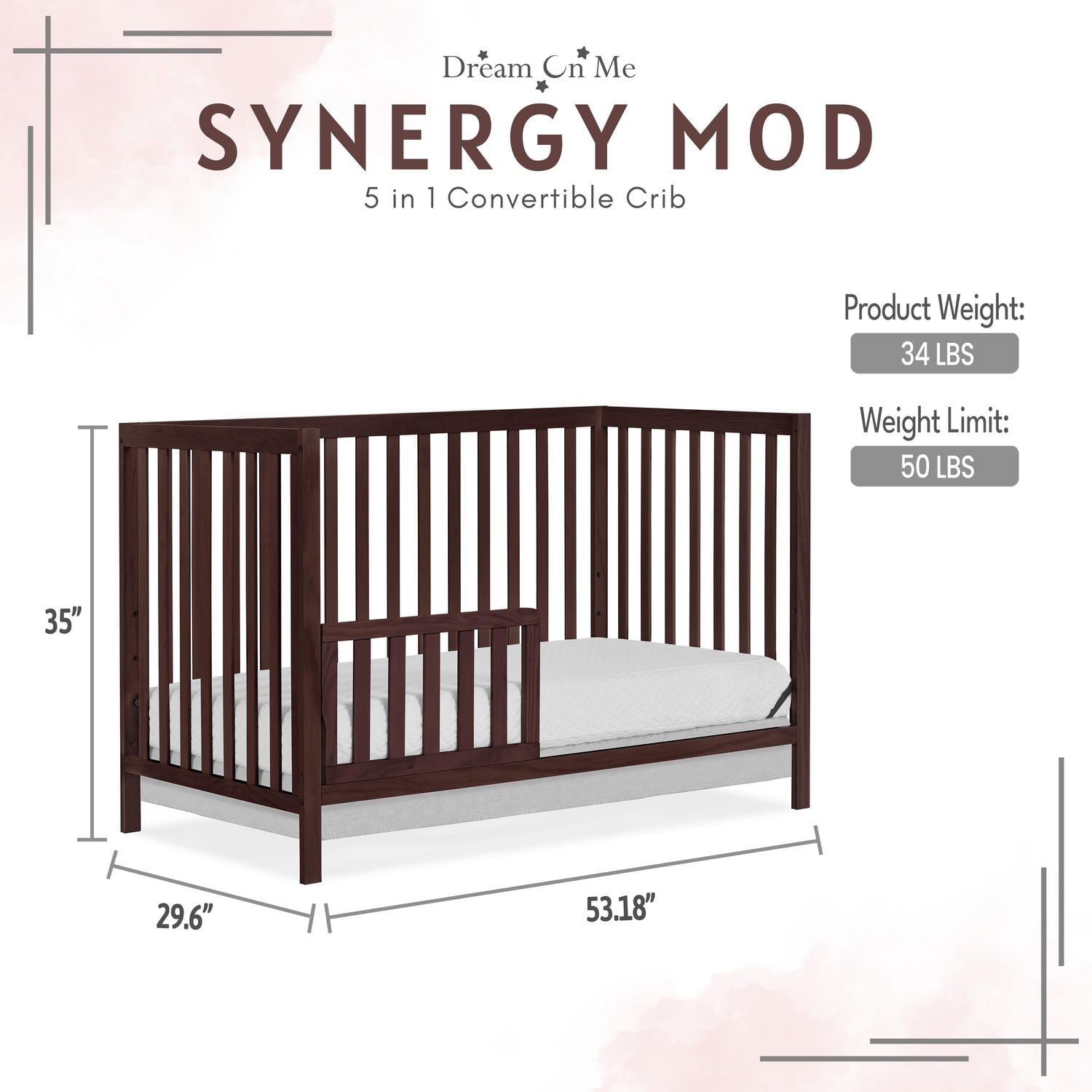 Dream On Me Synergy MOD Crib, Made with Sustainable New Zealand Pinewood, Convertible Crib