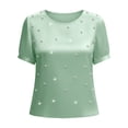 thumbnail image 4 of Wdgfv Womens Elegant Pearls Beaded Crew Neck Short Sleeve Blouse Solid Loose Fit Satin Slik Tops Fashion Summer Outfits, 4 of 4