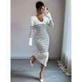 thumbnail image 5 of Women'S Striped V Neck Sweater Dress Long Sleeve Bodycon Midi Dresses White L, 5 of 7