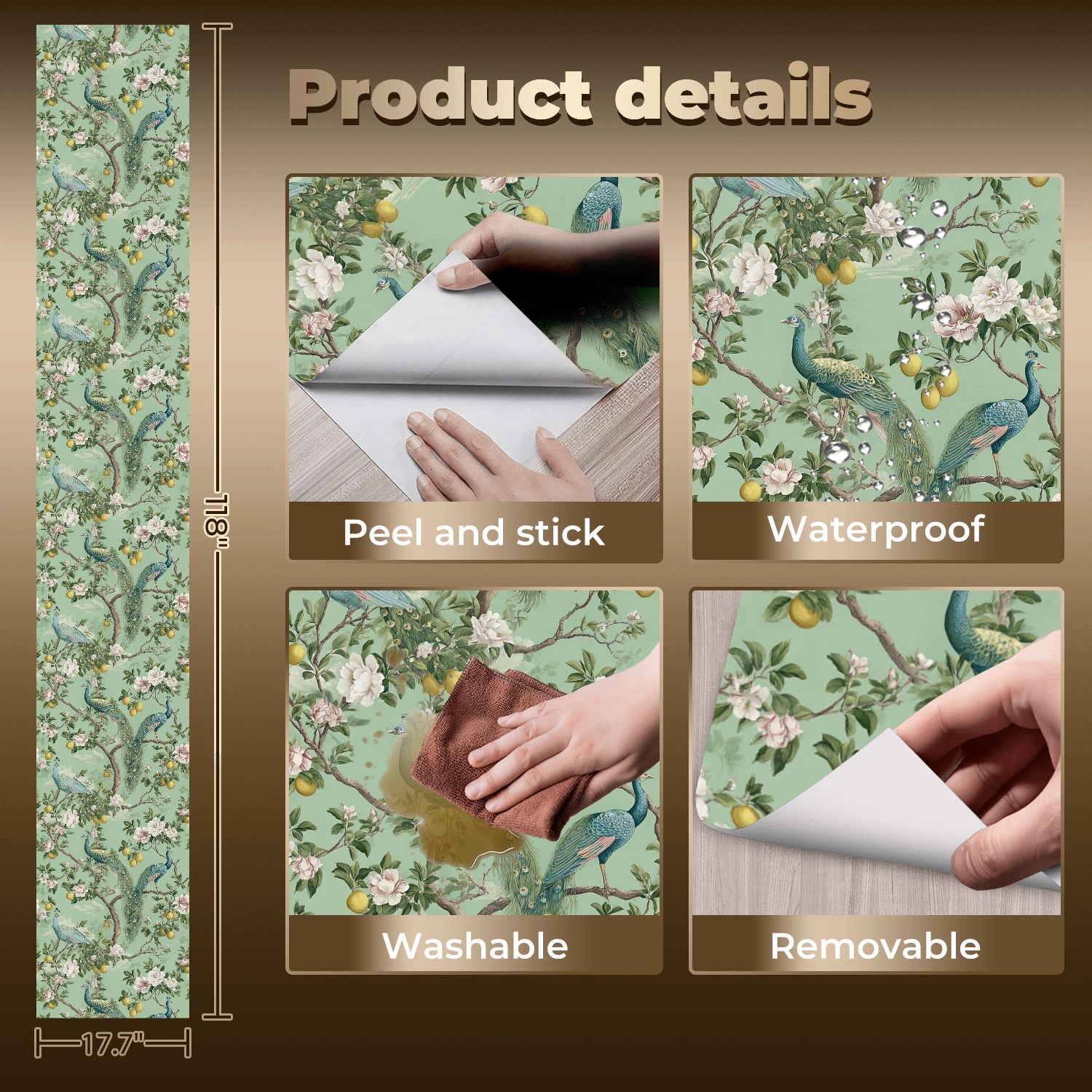 Boho Peel and Stick Wallpaper Peacock Floral Lemons Green Wall Mural 17.7in x 9.8ft Self Adhesive Removable Wall Paper Renter Friendly Wallpaper for Bedroom Kitchen Farm