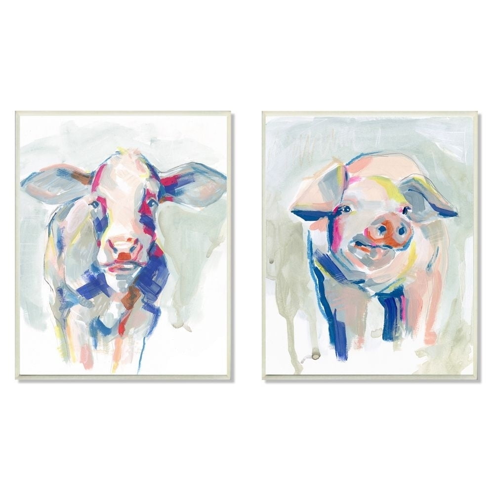 Colorful Cow And Pig Farm Animal 10 in x 15 in Framed Painting Canvas Art Print, by Stupell Home Décor Set of 2