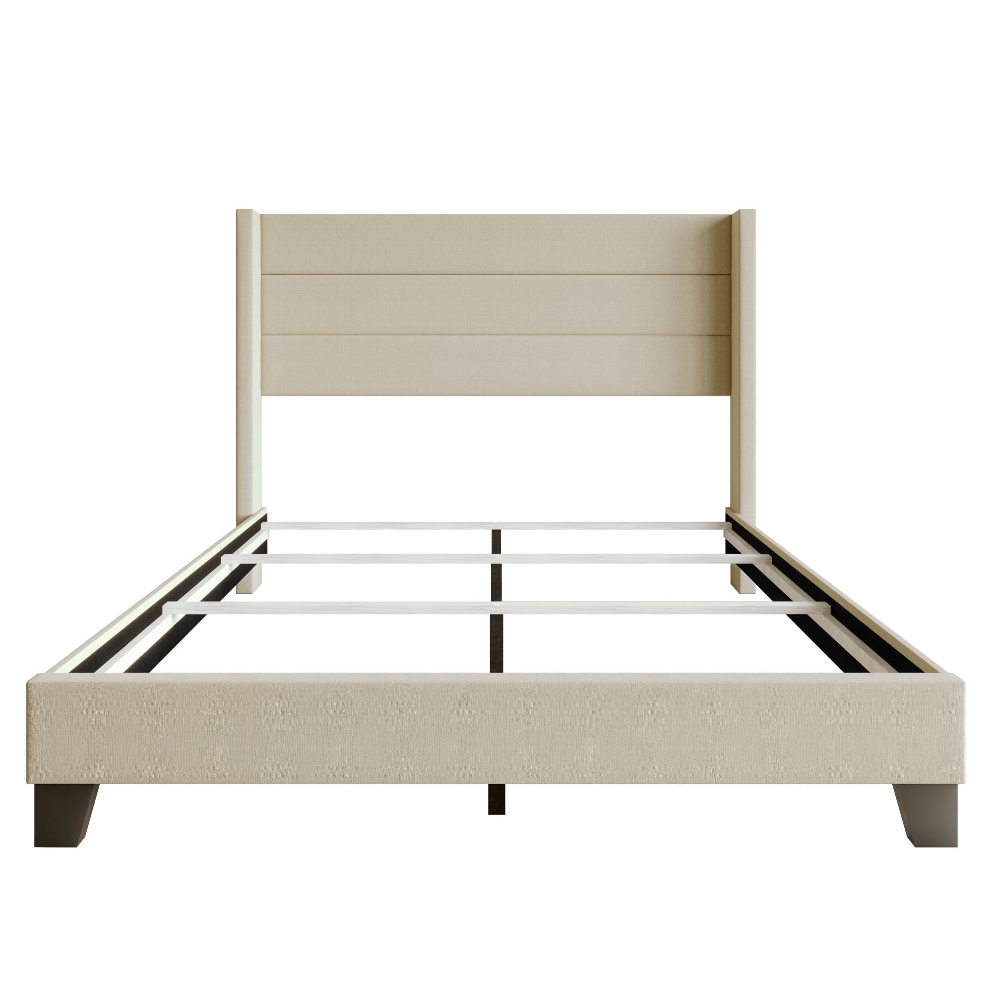 Home Design Niles Twin Upholstered Panel Bed Frame with Wingback Headboard and Foam-Padded Support, Beige, Easy Assembly