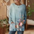 thumbnail image 3 of Mujeres Manga Larga Tops Casual Vintage Impresa Blusa, Cuello Redondo Suelto Encaje Superior con Bolsillos, 3 of 7