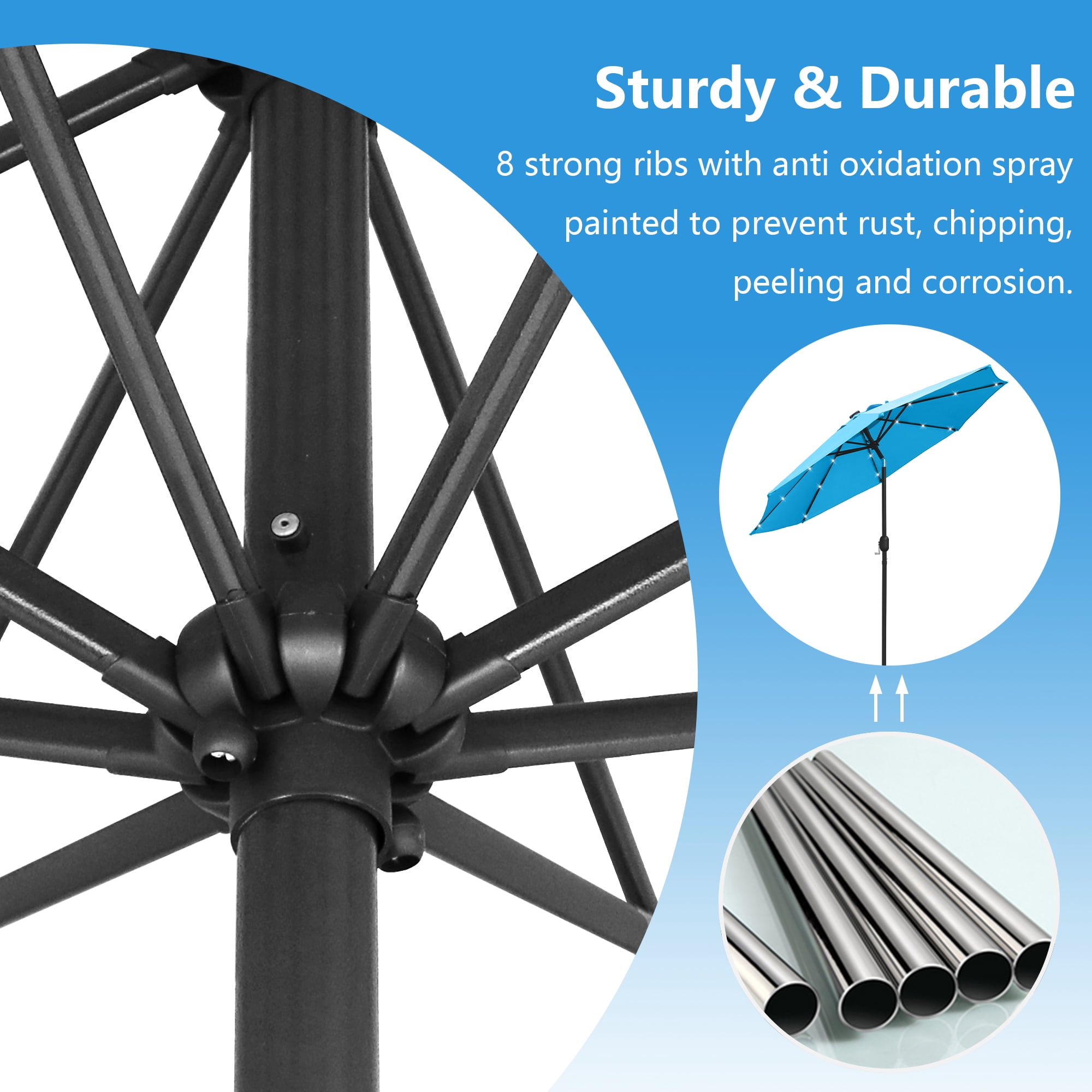 Abble 9ft Solar LED Lighted Patio Umbrella, Table Market Umbrella, Outdoor Umbrella for Garden, Deck, Backyard, Pool and Beach, Aqua