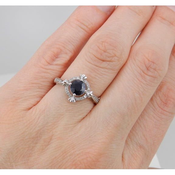 HeartsAndYou 1.5ct Natural Blue Sapphire Halo Compass Engagement Ring 14k SOLID White Gold