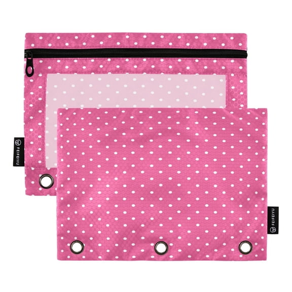 2 Pack 3 Ring Binder Pouch with Clear PVC Window Water Resistant Zipper Pencil Pouch Hot Pink White Polka Dot Binder Pocket for Classroom Office Home Stationery Organization