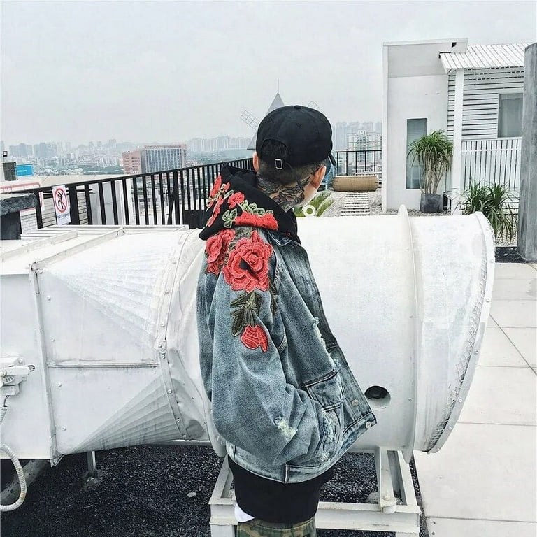 Spring New Men's Clothing Denim Jacket 3D Rose Flower Spring New Men's Clothing Denim Jacket 3D Rose Flower
