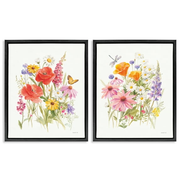 Stupell Industries Wildflowers in Bloom Insects Plants & Flowers Painting Black Floater Framed Canvas Art Print Wall Art, 17 x 21, Set of 2