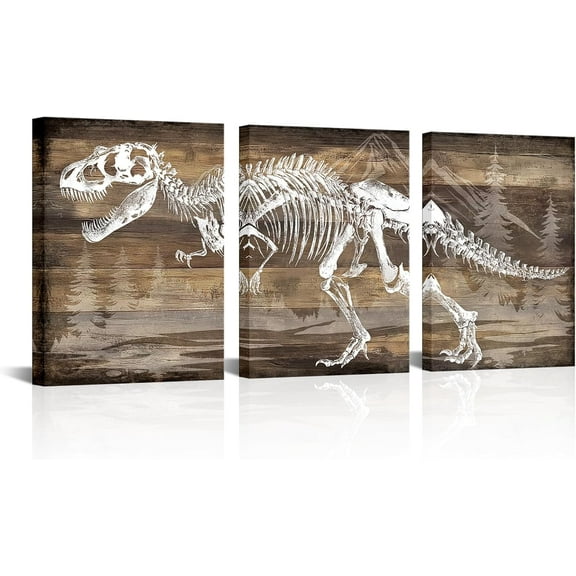 JANS.NO1 3 Pieces Dinosaur Skeleton poster Wall Art for Boys Room T-rex Picture Print Dino Mountain Forest Landscape Artwork Kids Bedroom Nursery Decorpcs