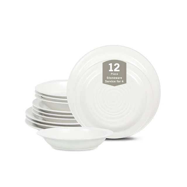 Stone Lain Orbit Juego De Vajilla De 12 Piezas, Platos Y Cuencos De Gres, Cuencos Para Pasta, Apto Para Microondas Y Lavavajillas, Juego De Platos Para 4 Personas, Color Blanco