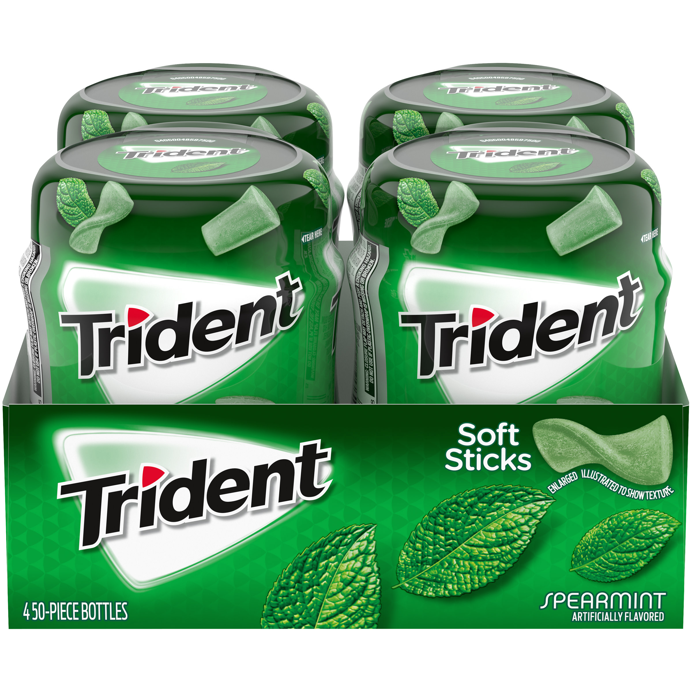 Trident Unwrapped Spearmint Sugar Free Gum, 4 Bottles of 50 Pieces (200