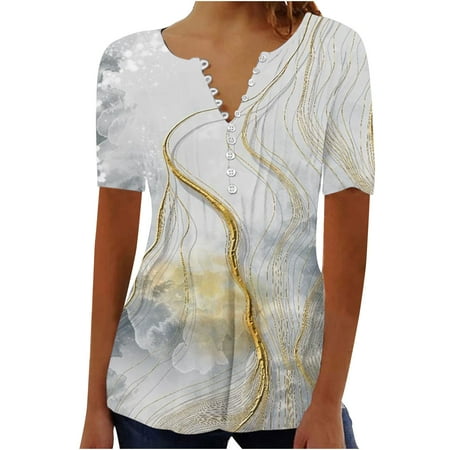

RKZDSR Womens Short Sleeve Tshirts Clearance Sales Shirts Button V Neck Landscape Print Tops Soft Cozy Cotton Shirts Plus Size Regular Fit Blouses Funny Cute Graphic Scrub Tops Tees Silver XXXL