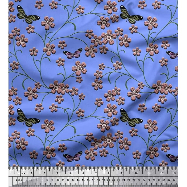 Soimoi Polyester Crepe Fabric Insect,Leaves & Flower Floral Print Fabric by Yard 52 Inch Wide