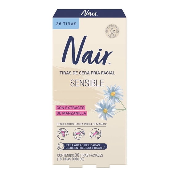 Nair Tiras de Cera Fría Facial Sensible 36 piezas. Marca Probada por Dermatólogos