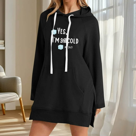 AGWOLF Women's Letter Print Sweatshirts Fashion Split side Long Sleeve Hoodie Oversized Hooded Tops with Kangaroo Pocket