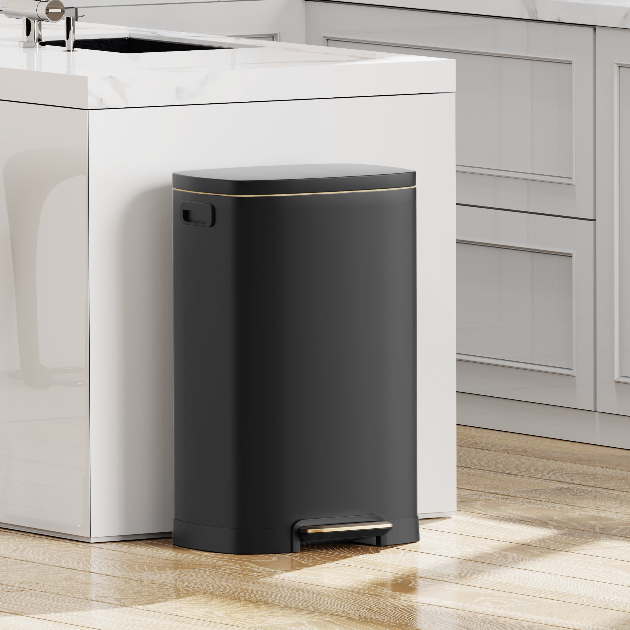 KSSKSS 13 Gallon Trash Can with Lid,Fingerprint-Proof Stainless Steel Kitchen Trash Can with Soft-Close Lid and Removable Inner Bucket,Black