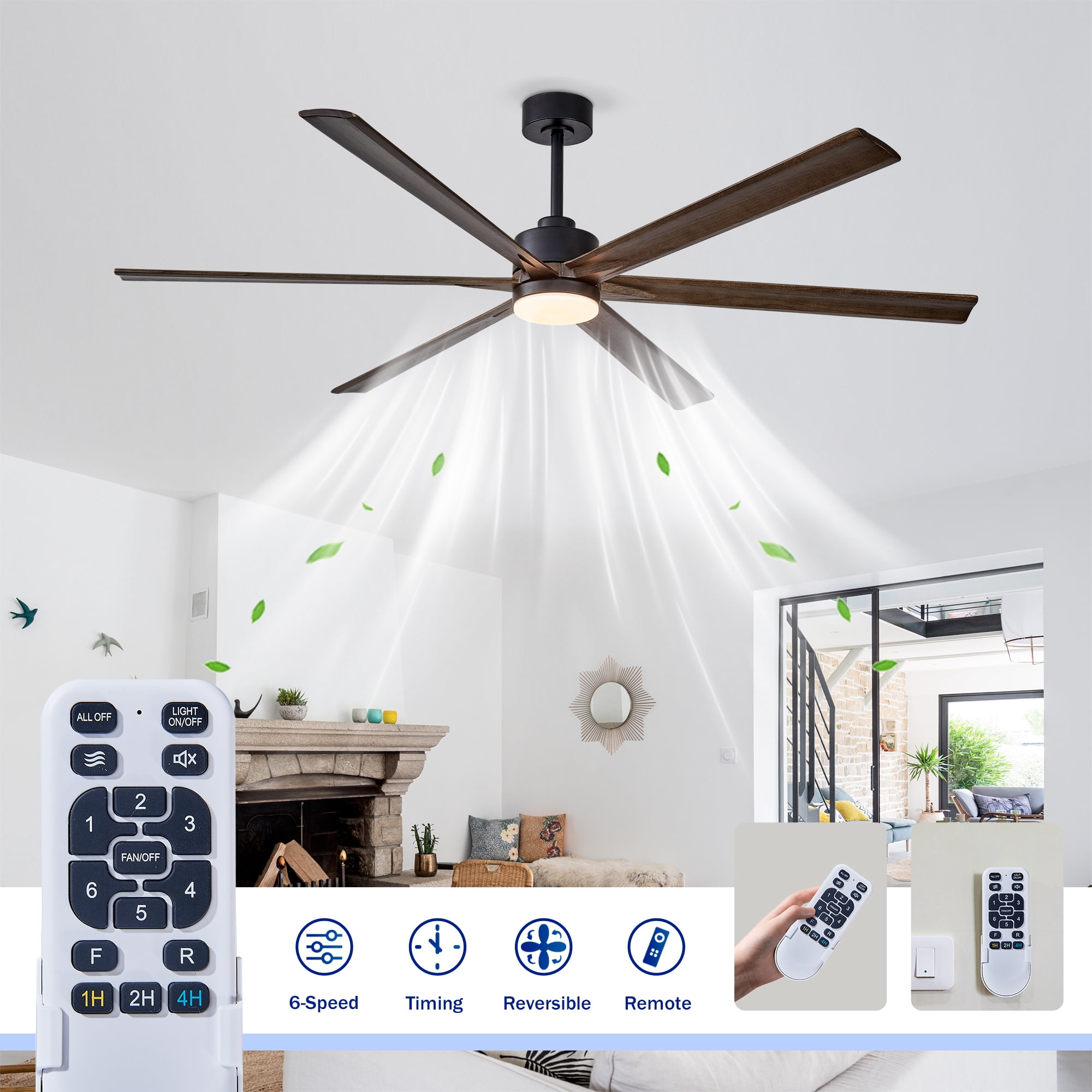 Leumius 70" Ceiling Fan with Lights Quiet DC Motor Ceiling Fans 6 Speed Levels,Reversible Ceiling Fan for Patio Living Room Bedroom Black