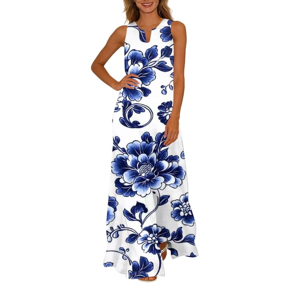 Women Dresses 2026 Summer Floral Sleeveless Maxi Dress Casual Tiered Flowy Beach Long Dress