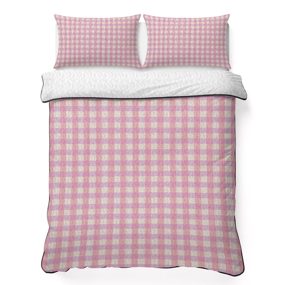 King Quilt Bedding Set Pink Gingham on Linen Summer Quilt Lightweight Quilted Coverlet with 2 Pillow Shams, Modern Plaid Lattice 3-Piece Bedspread Quilt Set for All Season