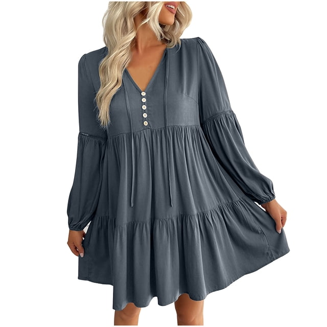 Yuyuzo Women Dresses Long Sleeve Drawstring Button V Neck Tiered Ruffle Flowy Boho Short Dress Solid Color