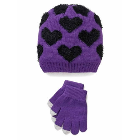 SO Girls Purple and Black Heart Knit Hat and Texting Gloves (Best Gk Gloves 2019)